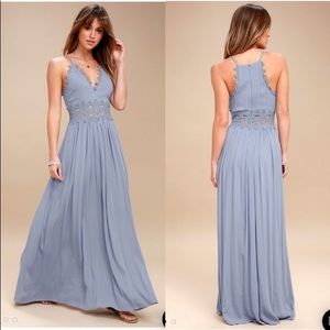 Lulus This is Love Crochet Lace Sleevless Maxi Dress Slate Blue Medium
